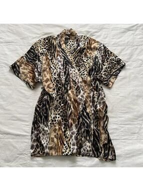 August Silk Brown Mixed Animal Print Wrap Robe Leopard Tiger Y2K Loungewear